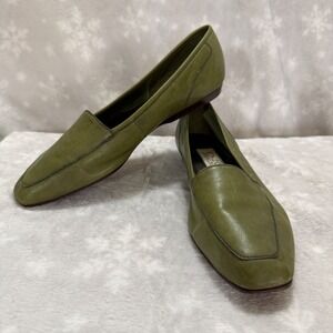 Enzo Angiolini Olive Green Leather Loafers Flats Square Toe Minimalist Size 9.5